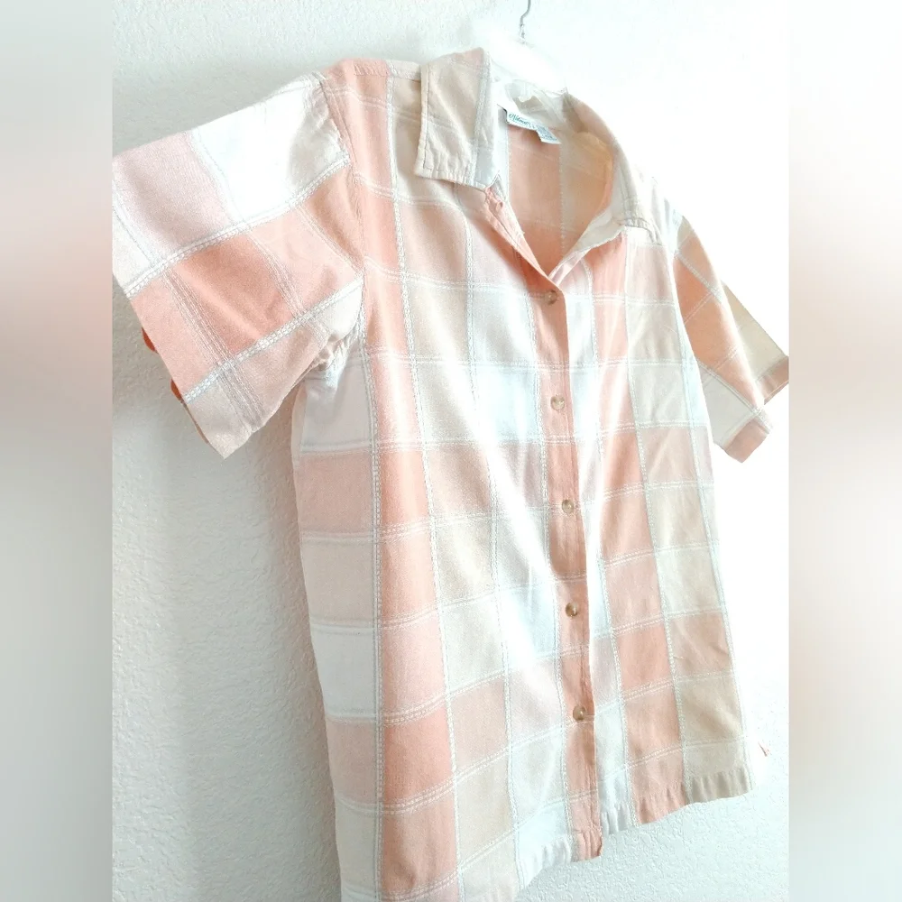 Haband Women's Short Sleeve Shirt Top Pastel Orange Beige Check Large Chest 42" - Picture 4 of 4